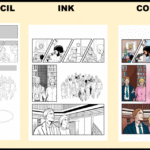 Five images depict the different stages of the artistic process of the comic from beginning to end, moving from left to right.